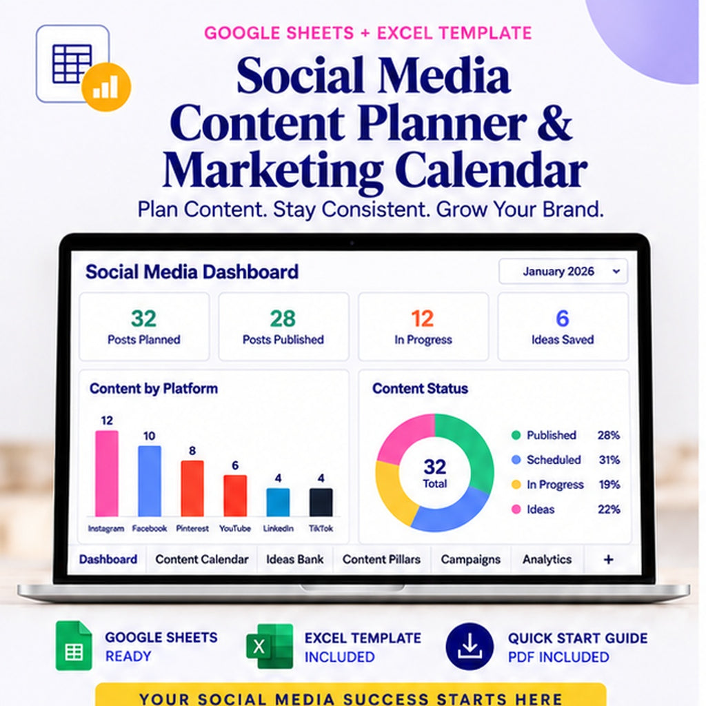 Social Media Content Planner and Marketing Calendar showing a structured content calendar