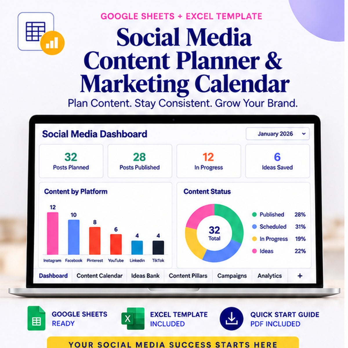 Social Media Content Planner and Marketing Calendar showing a structured content calendar