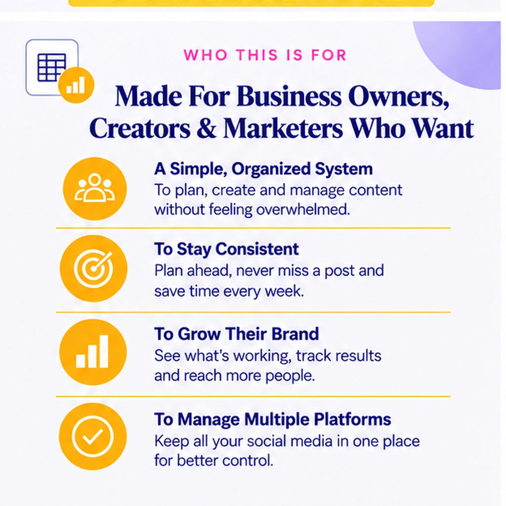 Who the Social Media Content Planner is for: small business owners, creators, social media managers and growing brands
