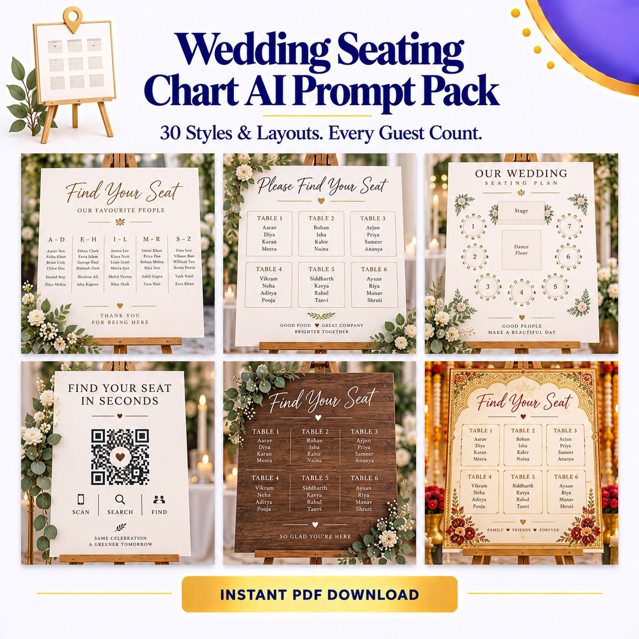 Wedding Seating Chart &amp; Table Plan AI Prompt Pack | 30 Styles &amp; Layouts | Instant Download PDF