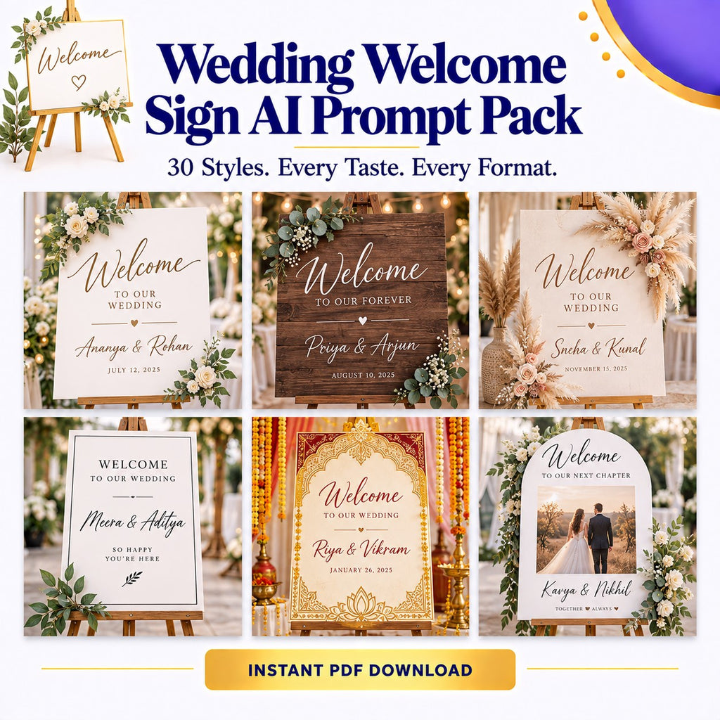 Wedding Welcome Sign AI Prompt Pack | 30 Styles, Every Size | Instant Download PDF