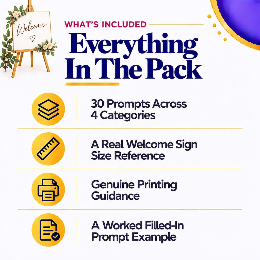 Wedding Welcome Sign AI Prompt Pack | 30 Styles, Every Size | Instant Download PDF