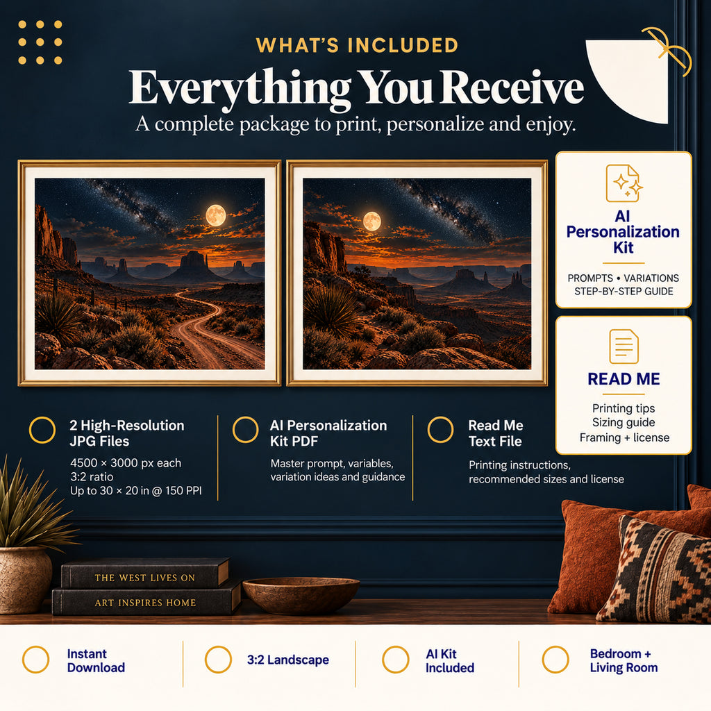 Western Desert Night Pair digital download package with 2 JPG files, AI Personalization Kit PDF, and read me guide