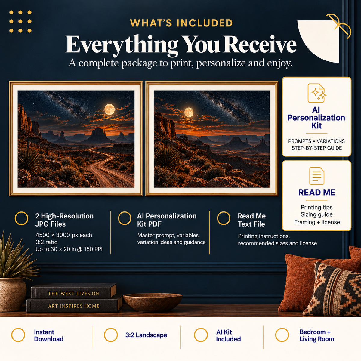 Western Desert Night Pair digital download package with 2 JPG files, AI Personalization Kit PDF, and read me guide