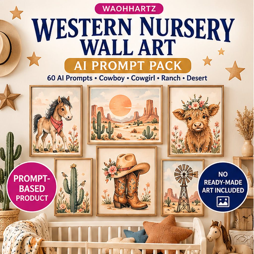 Western nursery wall art AI prompt pack with 60 cowboy cowgirl ranch and desert prompts