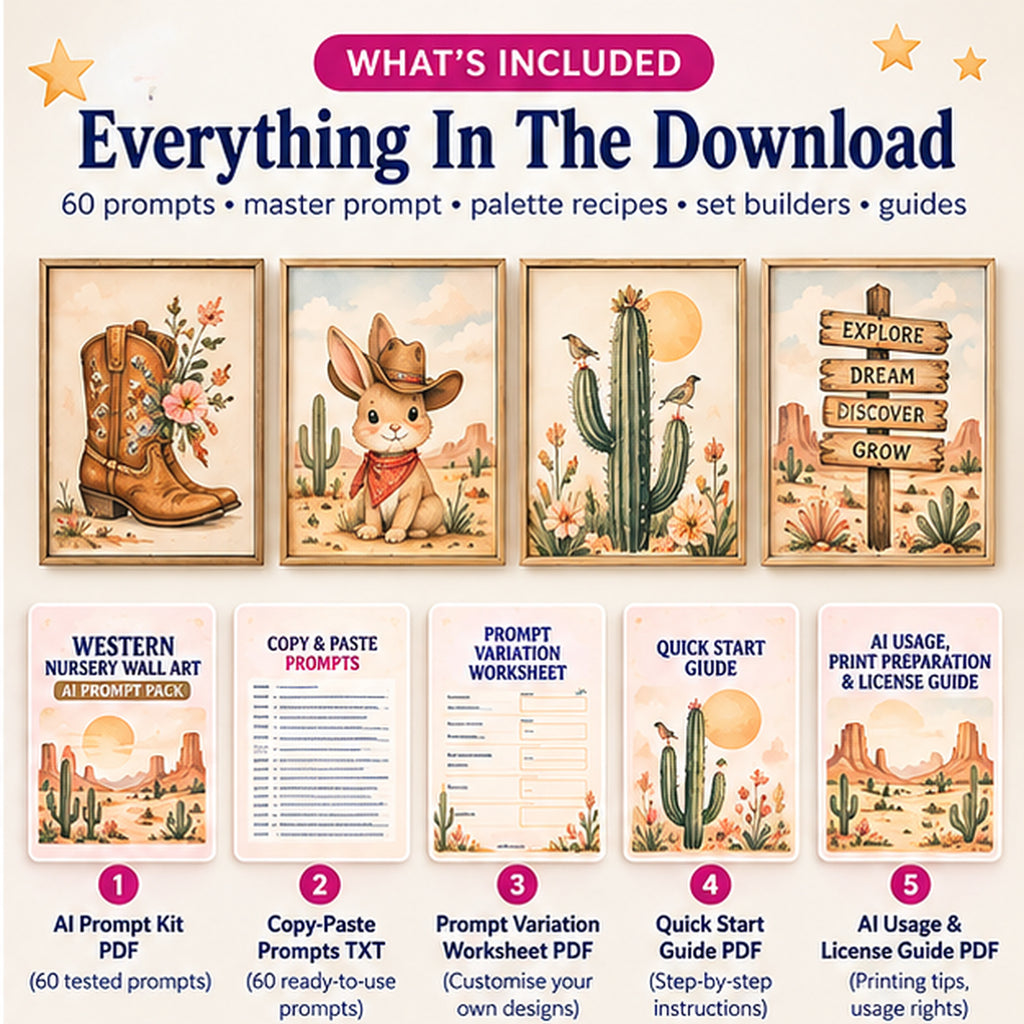 Western nursery wall art AI prompt pack contents with guides worksheet and 60 prompts