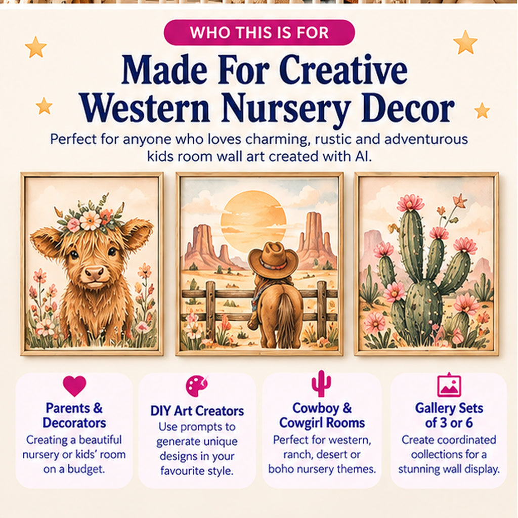 Western nursery wall art AI prompts for parents decorators creators and western kids rooms