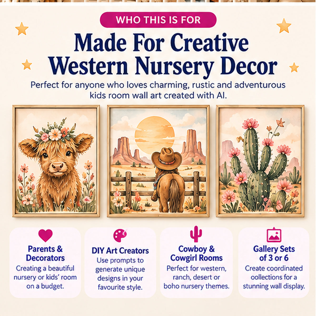 Western nursery wall art AI prompts for parents decorators creators and western kids rooms