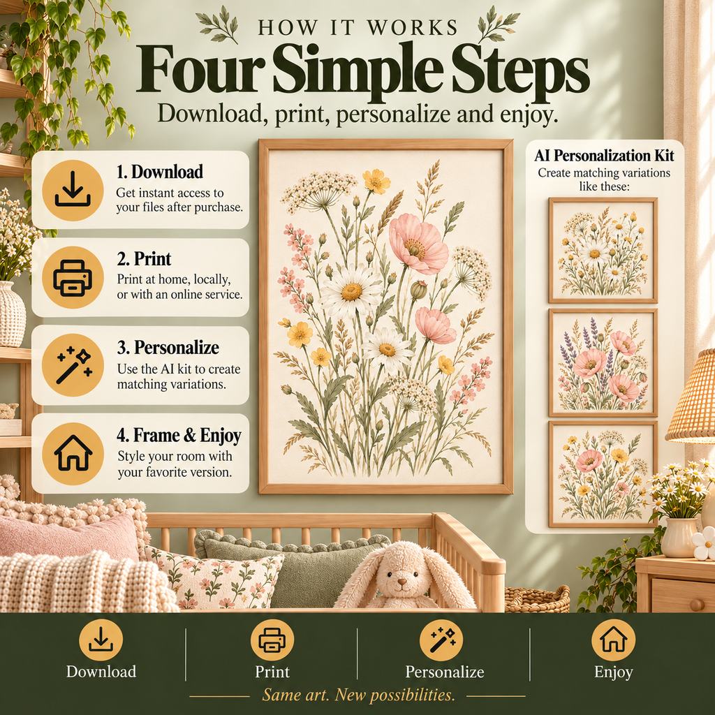 How to use botanical nursery wall art: download the files, choose a compatible print size, print and frame, and use the AI kit for matching variations