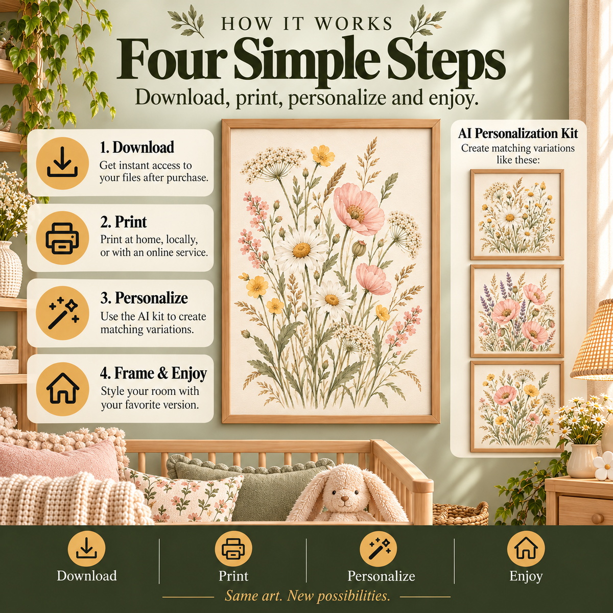 How to use botanical nursery wall art: download the files, choose a compatible print size, print and frame, and use the AI kit for matching variations