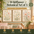 Botanical nursery wall art set of 3 with meadow wildflowers, daisy and chamomile, and poppy lavender prints in soft cottage colors