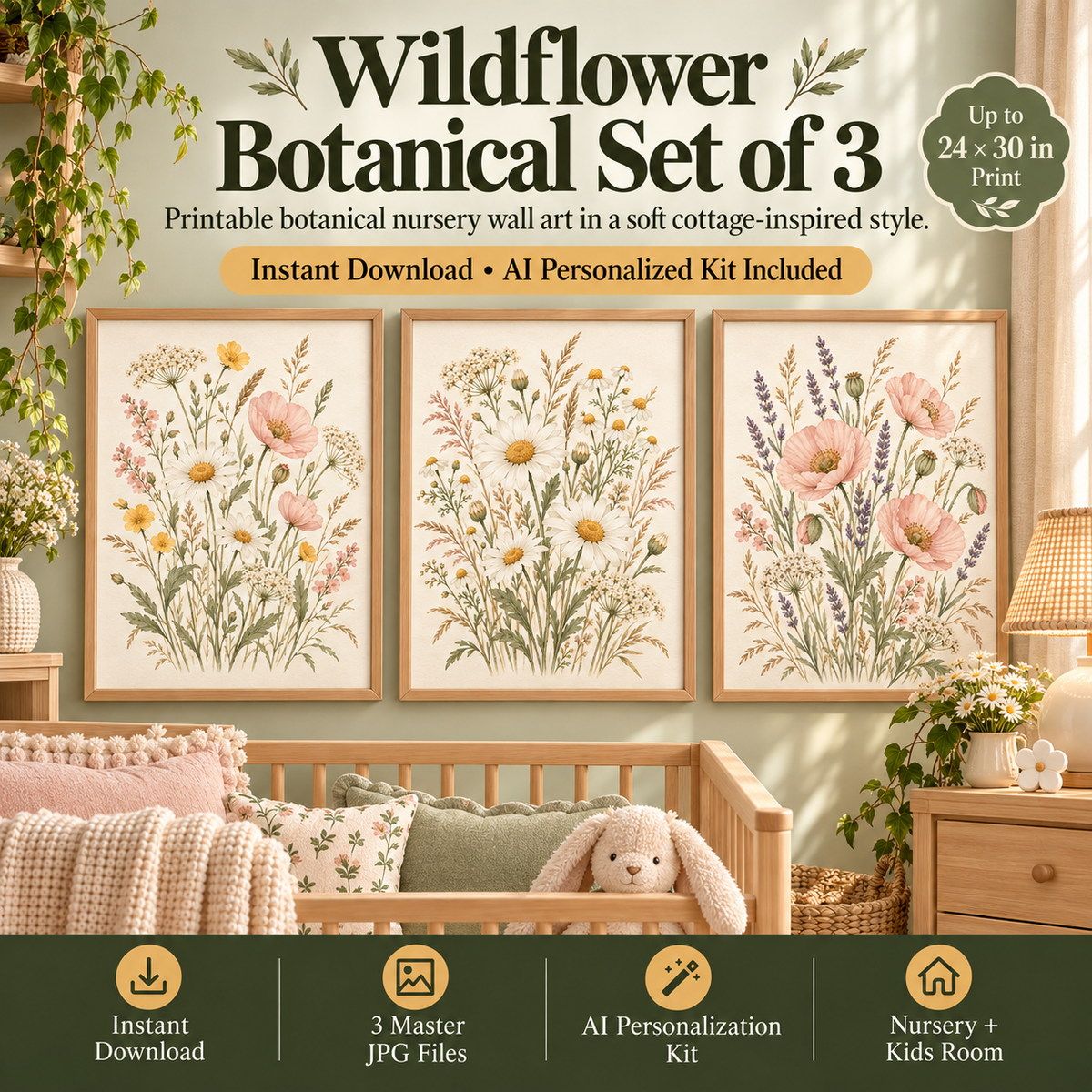 Botanical nursery wall art set of 3 with meadow wildflowers, daisy and chamomile, and poppy lavender prints in soft cottage colors