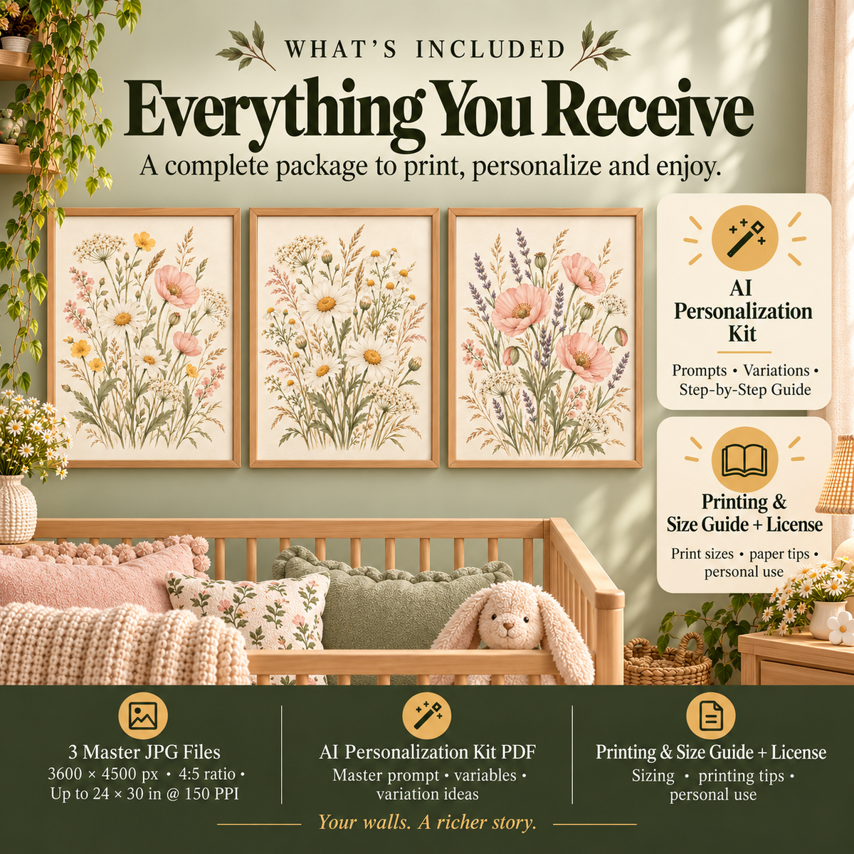 Wildflower nursery prints download with three 3600 by 4500 px master JPGs, AI Personalized Kit, printing guide and personal-use license