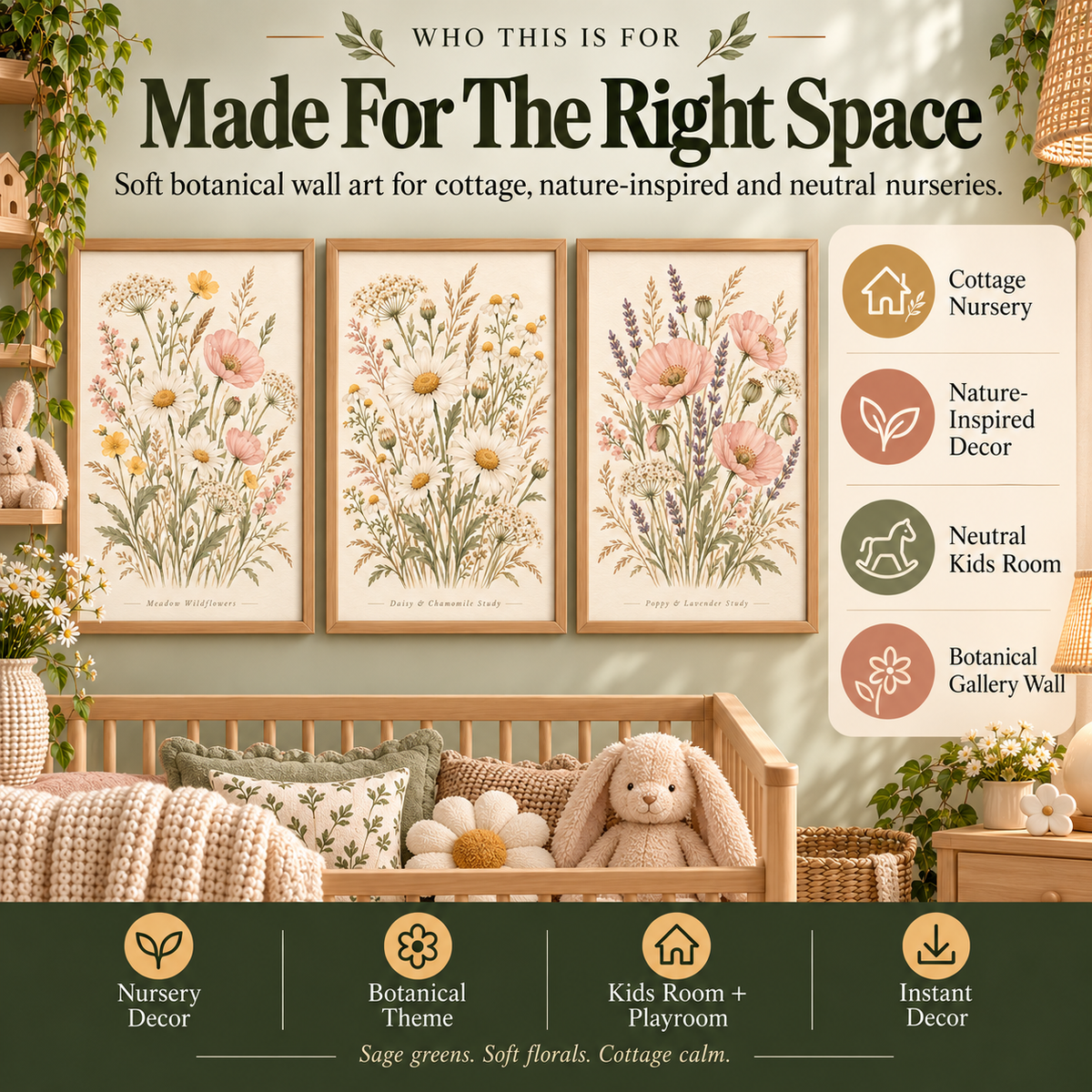 Botanical nursery wall art for cottage nurseries, nature-inspired kids rooms, neutral floral nurseries and botanical gallery walls