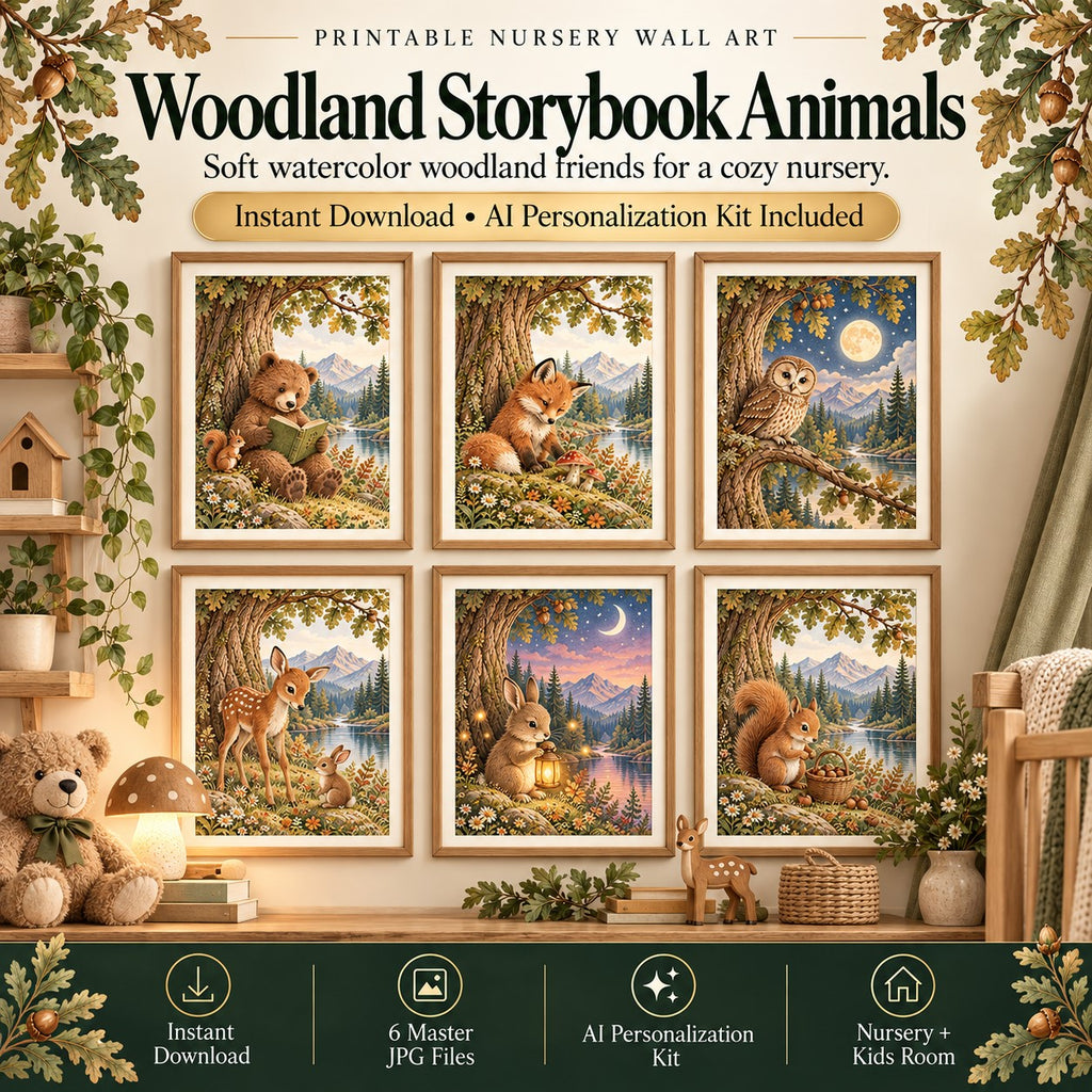 Woodland nursery wall art set of 6 with watercolor bear, fox, owl, fawn, rabbit and squirrel prints