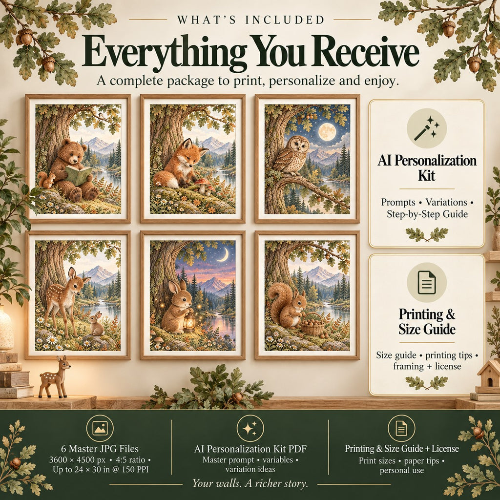 Woodland nursery wall art files with six 3600 by 4500 px master JPG prints, AI Personalization Kit and printing guide