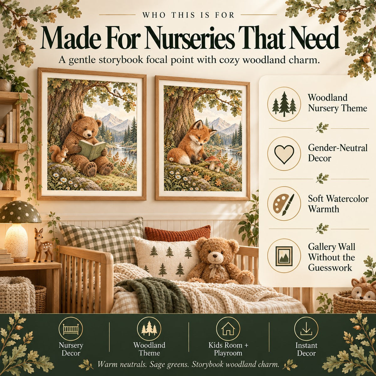 Woodland nursery wall art for a gender-neutral nursery, kids room or playroom in soft watercolor style